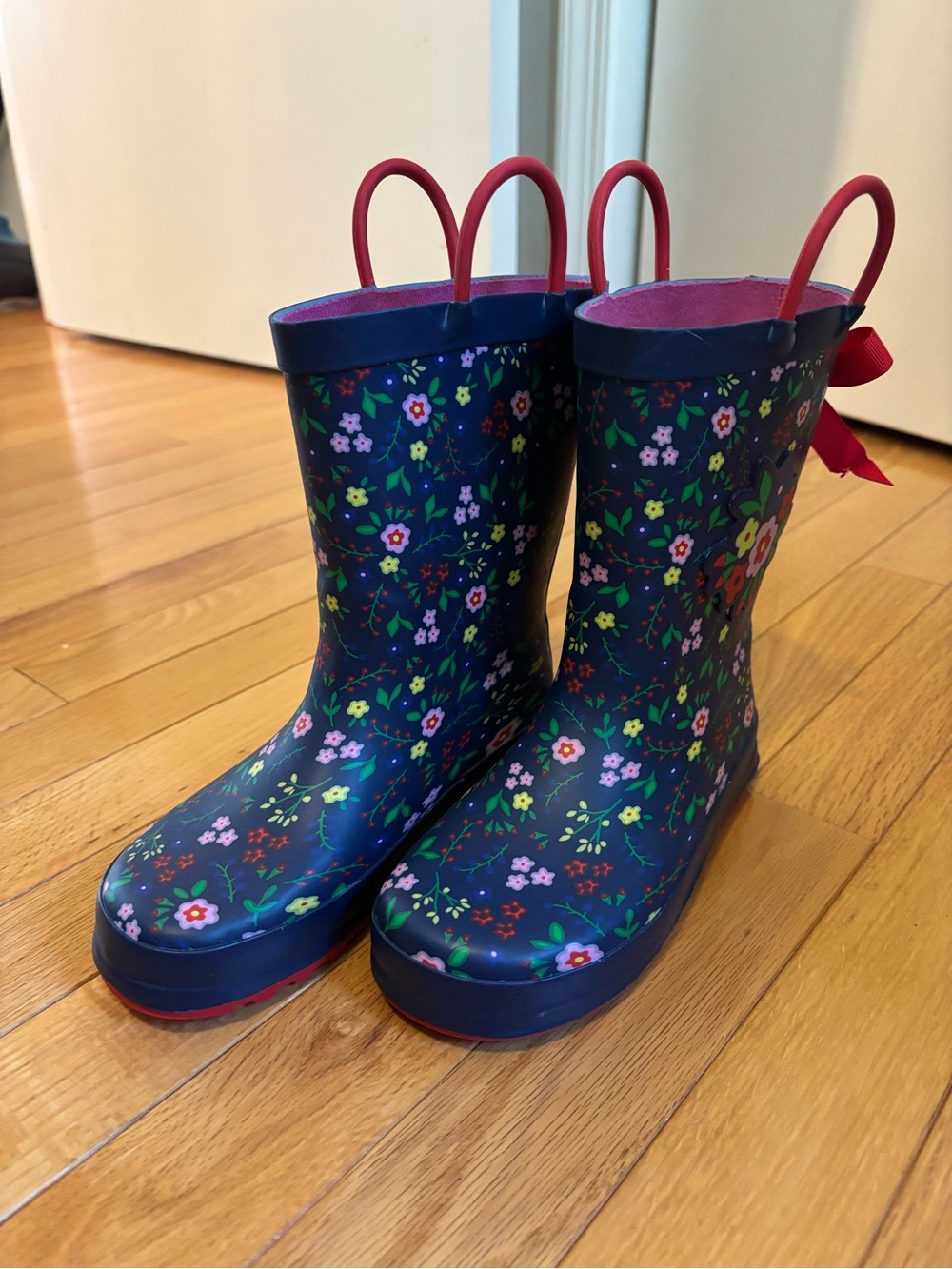 Kids Navy Floral Rain Boots with Pink Trim